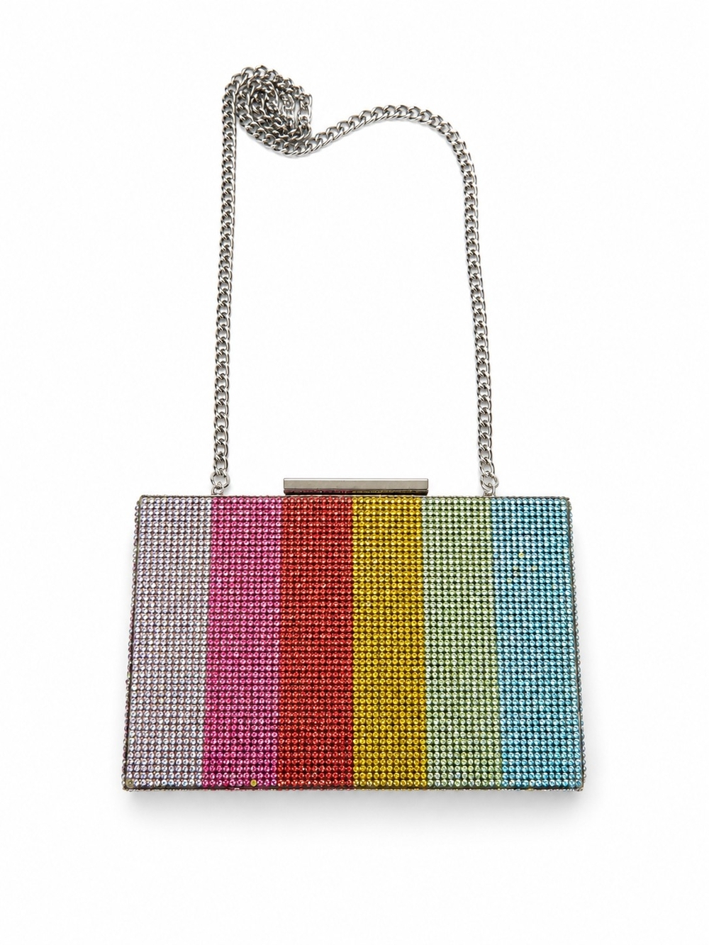 Zara Crystal Rainbow Striped Clutch With Silver Chain Strap